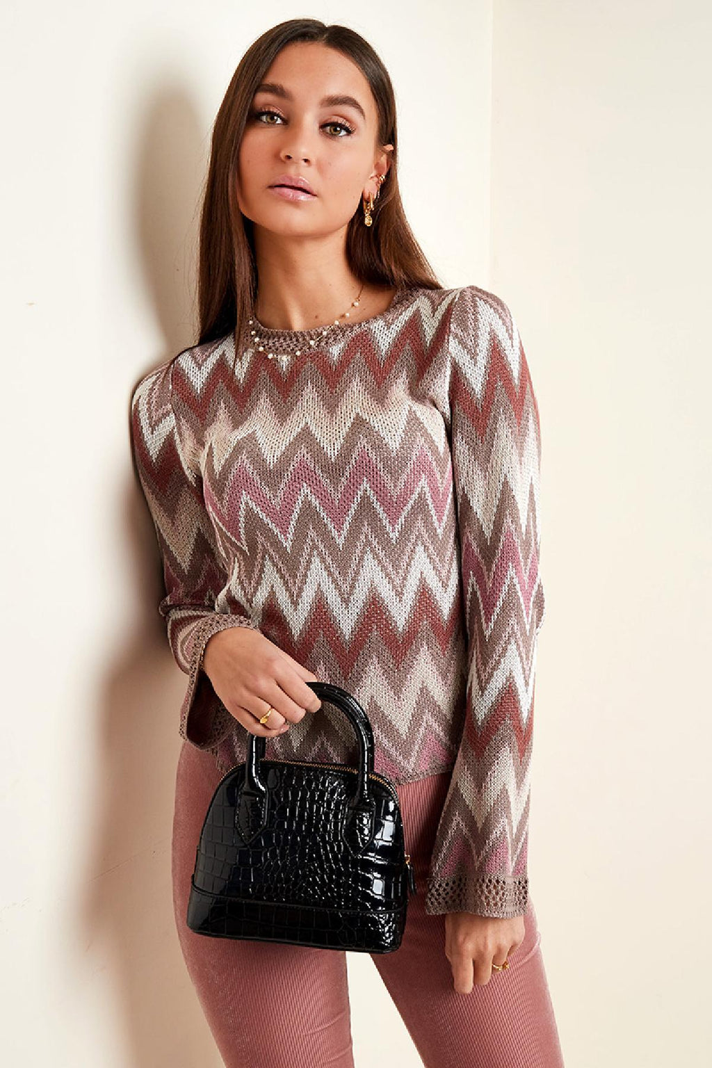 Crochet flare long sleeve top Black S