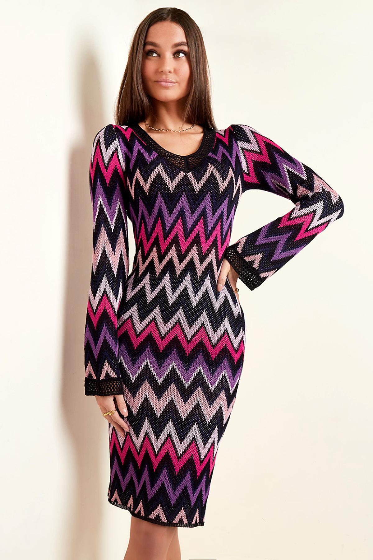 Crochet flare long sleeve dress Beige S