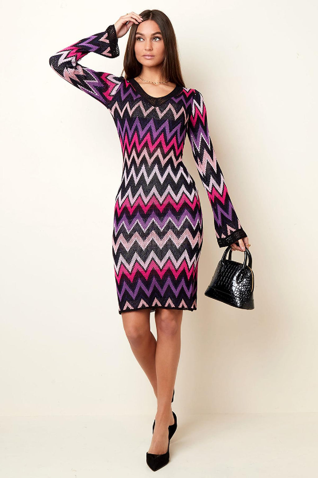 Crochet flare long sleeve dress Beige S