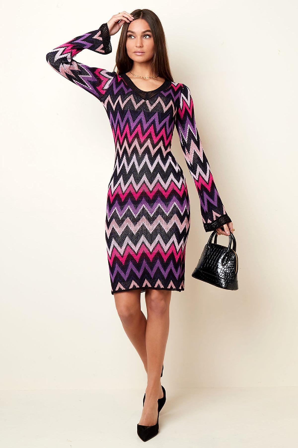 Crochet flare long sleeve dress Beige S