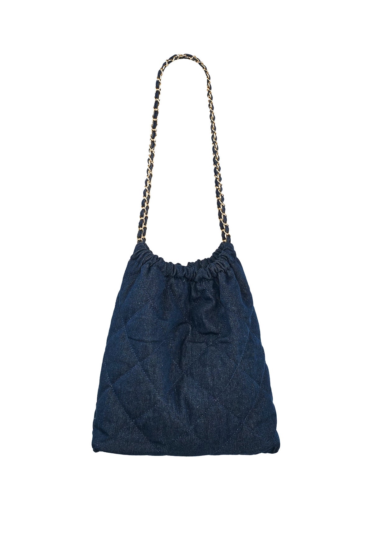 Denim bag with stitched motif and chain