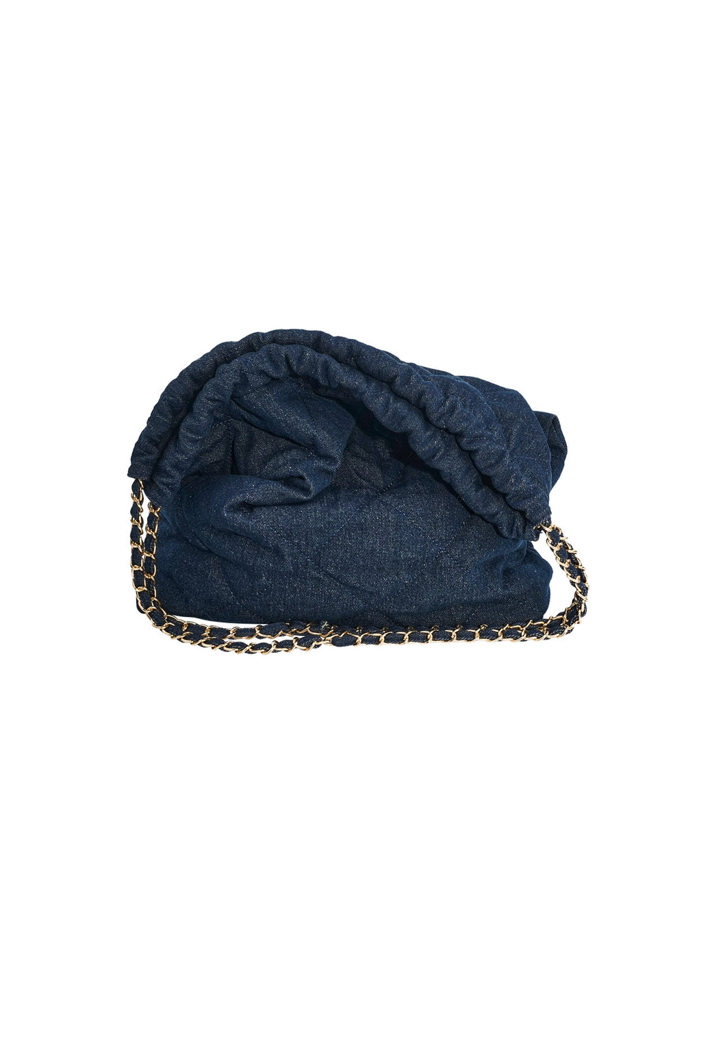 Denim bag with stitched motif and chain