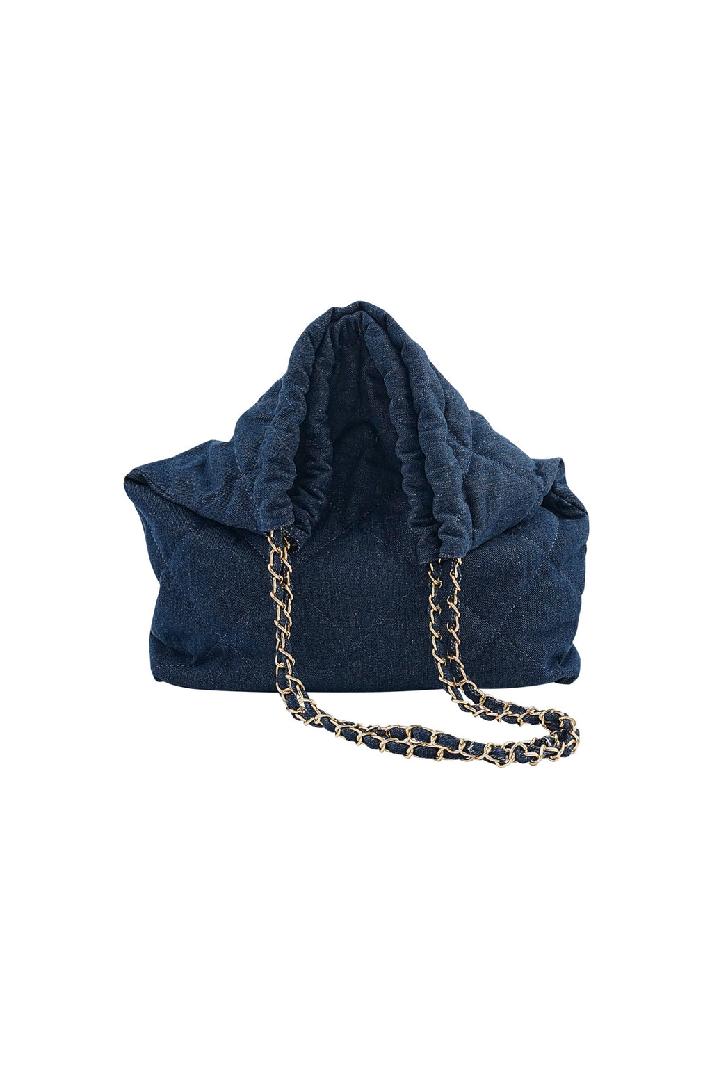 Denim bag with stitched motif and chain