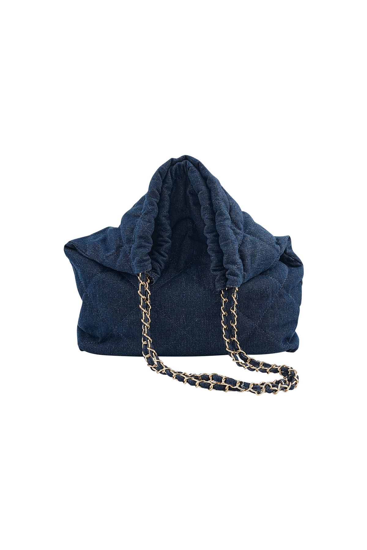 Denim bag with stitched motif and chain