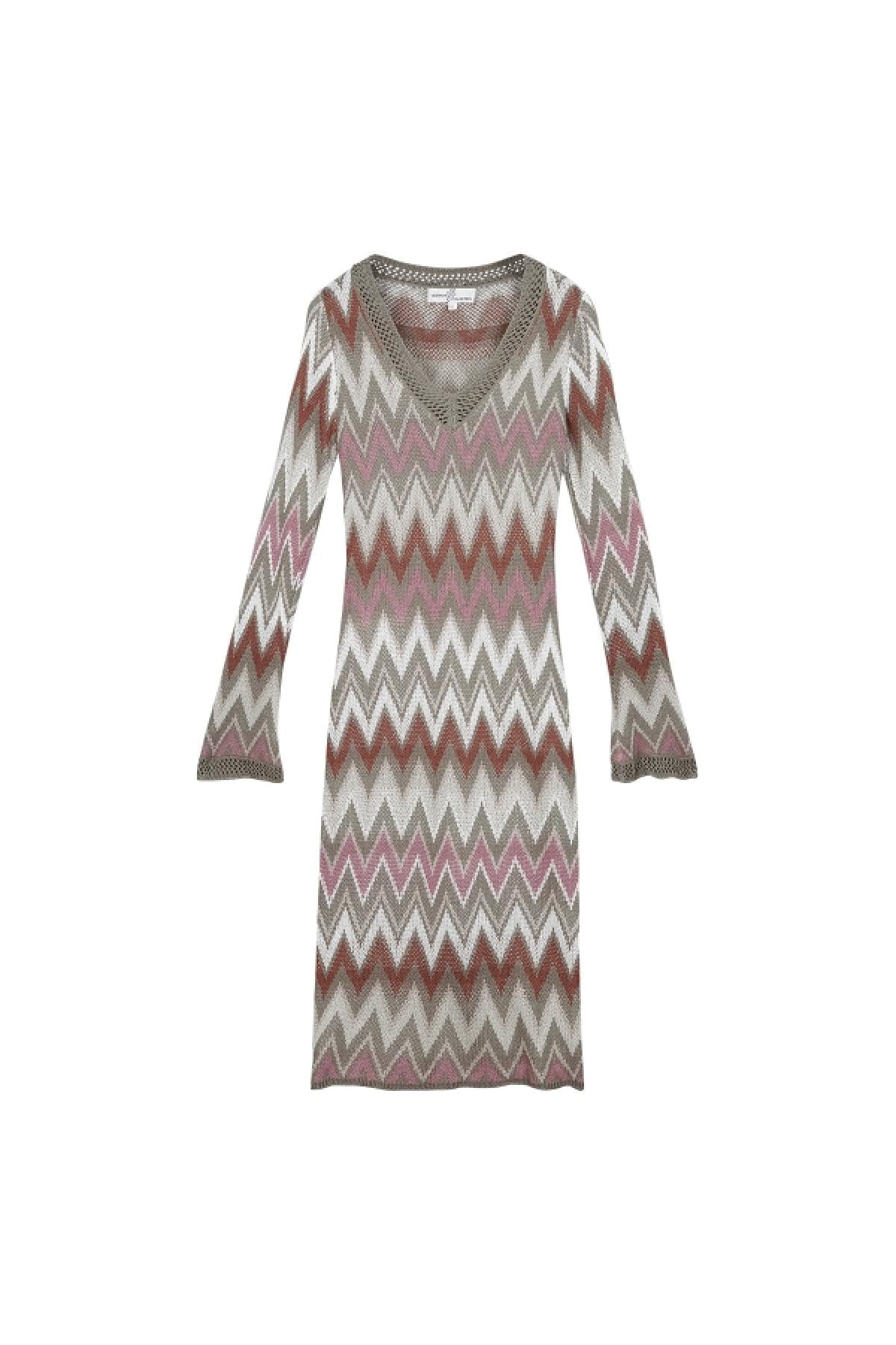 Crochet flare long sleeve dress Beige S